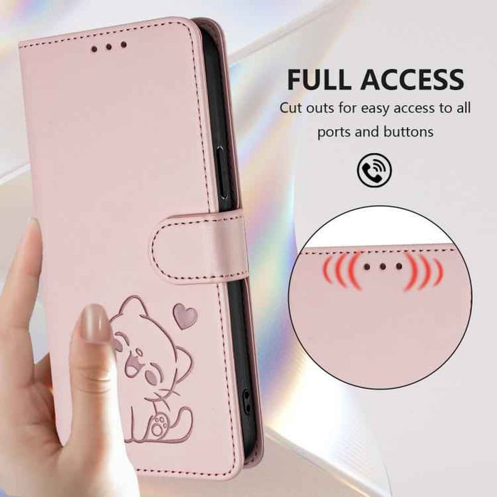 For Samsung Galaxy S25 FE 5G Embossed Heart Cat Leather Phone Case with Hand Strap(Pink)