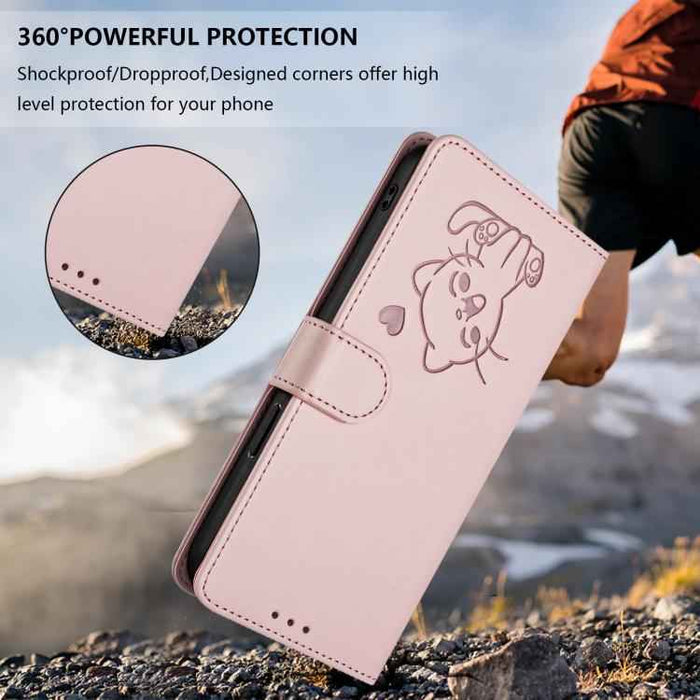 For Samsung Galaxy S25 FE 5G Embossed Heart Cat Leather Phone Case with Hand Strap(Pink)