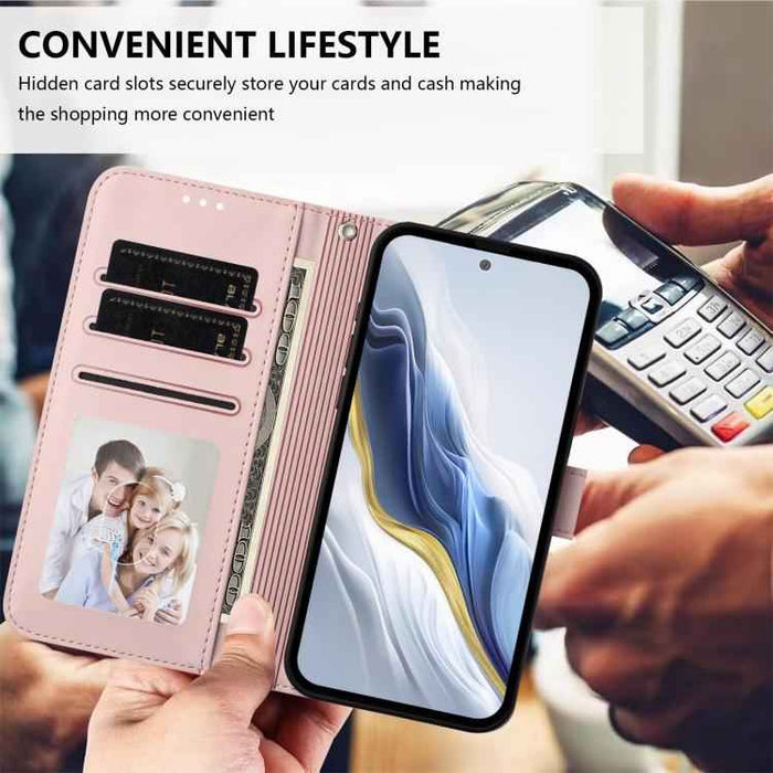For Samsung Galaxy S25 FE 5G Embossed Heart Cat Leather Phone Case with Hand Strap(Pink)