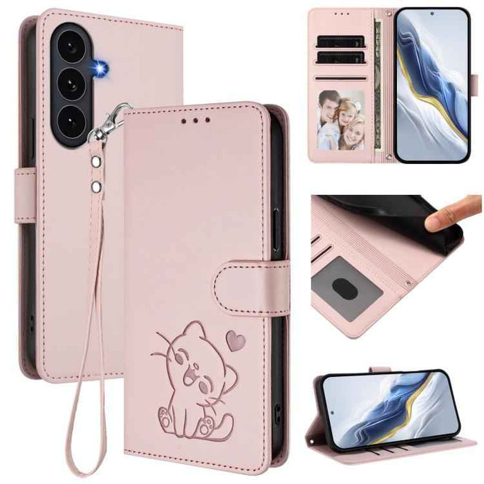 For Samsung Galaxy S25 FE 5G Embossed Heart Cat Leather Phone Case with Hand Strap(Pink)
