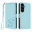 For Samsung Galaxy S25 FE 5G Embossed Heart Cat Leather Phone Case with Hand Strap(Mint Green)