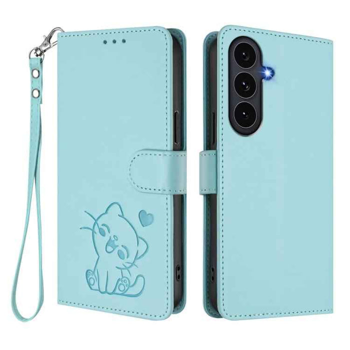 For Samsung Galaxy S25 FE 5G Embossed Heart Cat Leather Phone Case with Hand Strap(Mint Green)