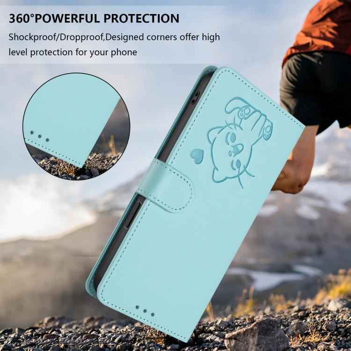 For Samsung Galaxy S25 FE 5G Embossed Heart Cat Leather Phone Case with Hand Strap(Mint Green)