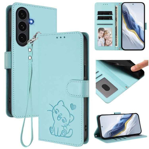 For Samsung Galaxy S25 FE 5G Embossed Heart Cat Leather Phone Case with Hand Strap(Mint Green)