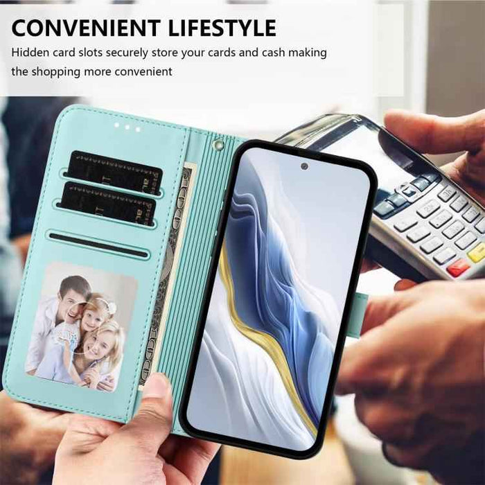 For Samsung Galaxy S25 FE 5G Embossed Heart Cat Leather Phone Case with Hand Strap(Mint Green)