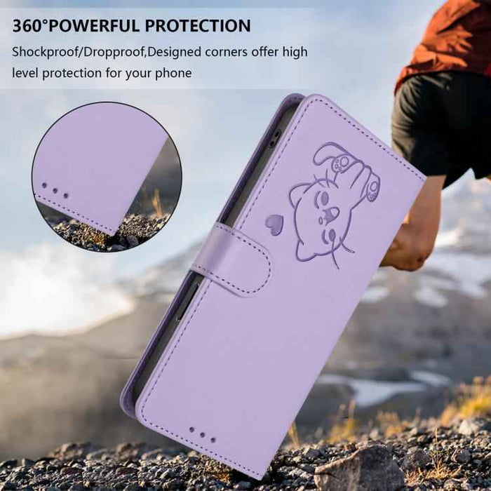 For Samsung Galaxy S25 FE 5G Embossed Heart Cat Leather Phone Case with Hand Strap(Light Purple)