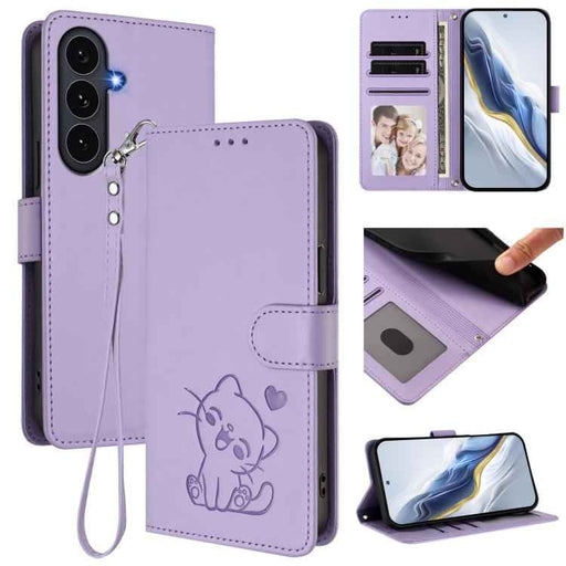 For Samsung Galaxy S25 FE 5G Embossed Heart Cat Leather Phone Case with Hand Strap(Light Purple)
