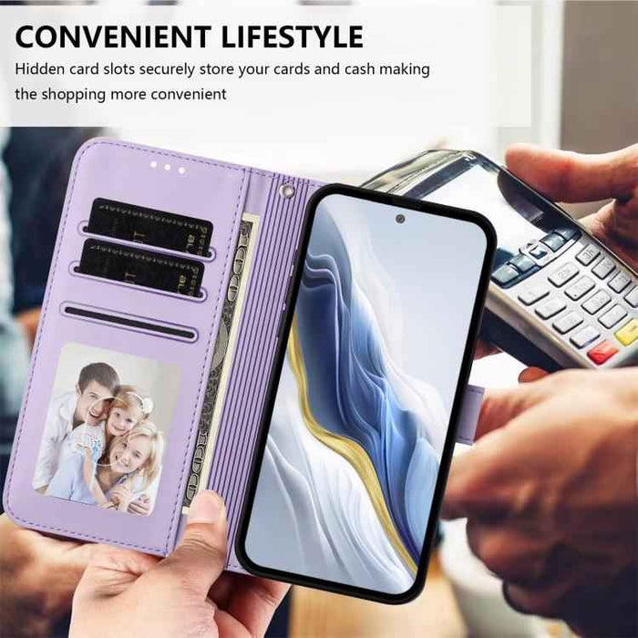 For Samsung Galaxy S25 FE 5G Embossed Heart Cat Leather Phone Case with Hand Strap(Light Purple)