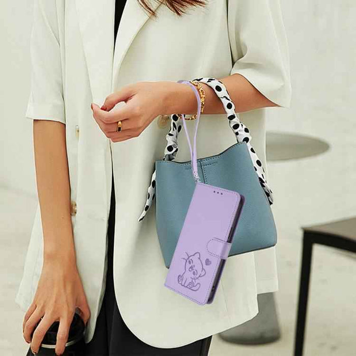 For Samsung Galaxy S25 FE 5G Embossed Heart Cat Leather Phone Case with Hand Strap(Light Purple)