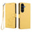For Samsung Galaxy S25 FE 5G Embossed Heart Cat Leather Phone Case with Hand Strap(Yellow)