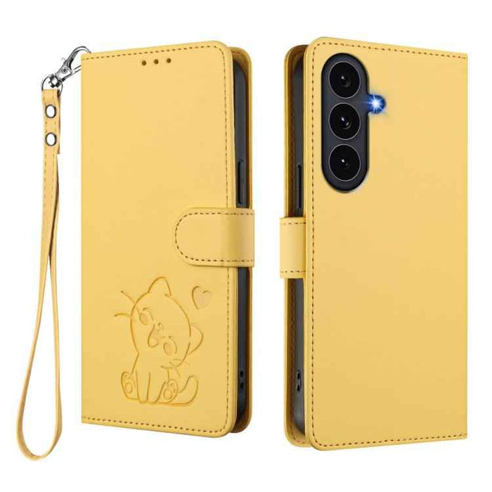 For Samsung Galaxy S25 FE 5G Embossed Heart Cat Leather Phone Case with Hand Strap(Yellow)