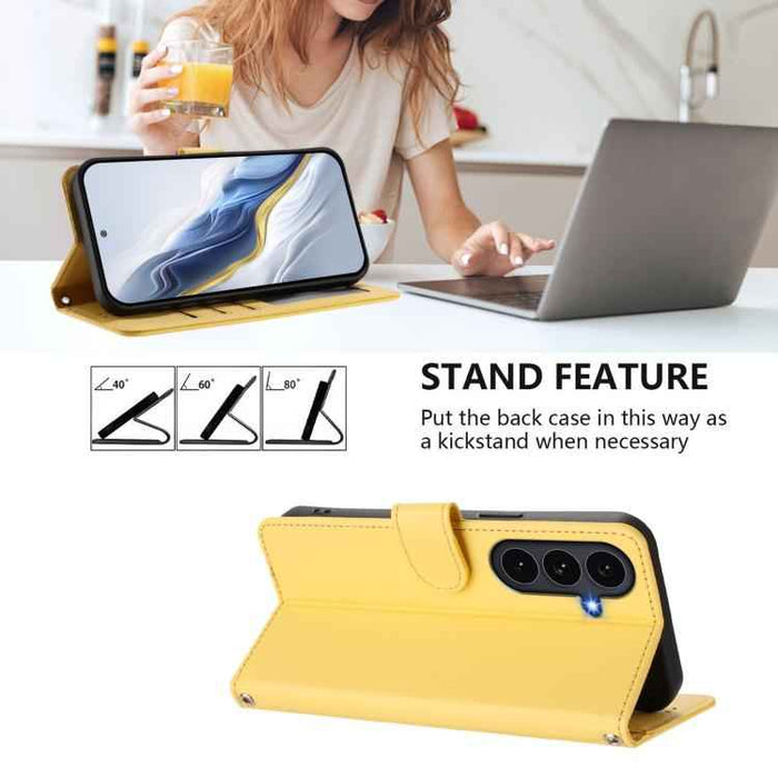 For Samsung Galaxy S25 FE 5G Embossed Heart Cat Leather Phone Case with Hand Strap(Yellow)