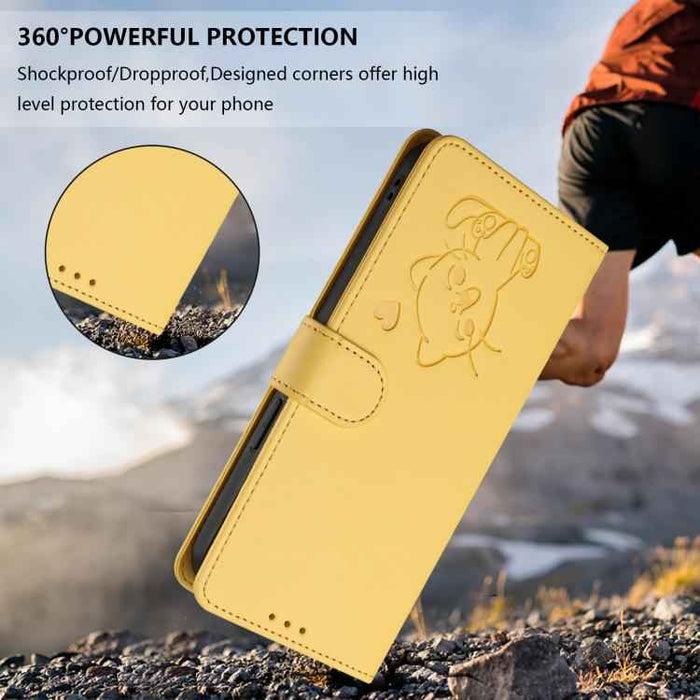 For Samsung Galaxy S25 FE 5G Embossed Heart Cat Leather Phone Case with Hand Strap(Yellow)