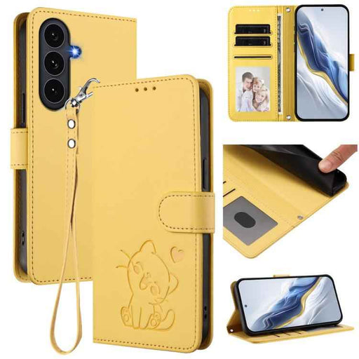For Samsung Galaxy S25 FE 5G Embossed Heart Cat Leather Phone Case with Hand Strap(Yellow)