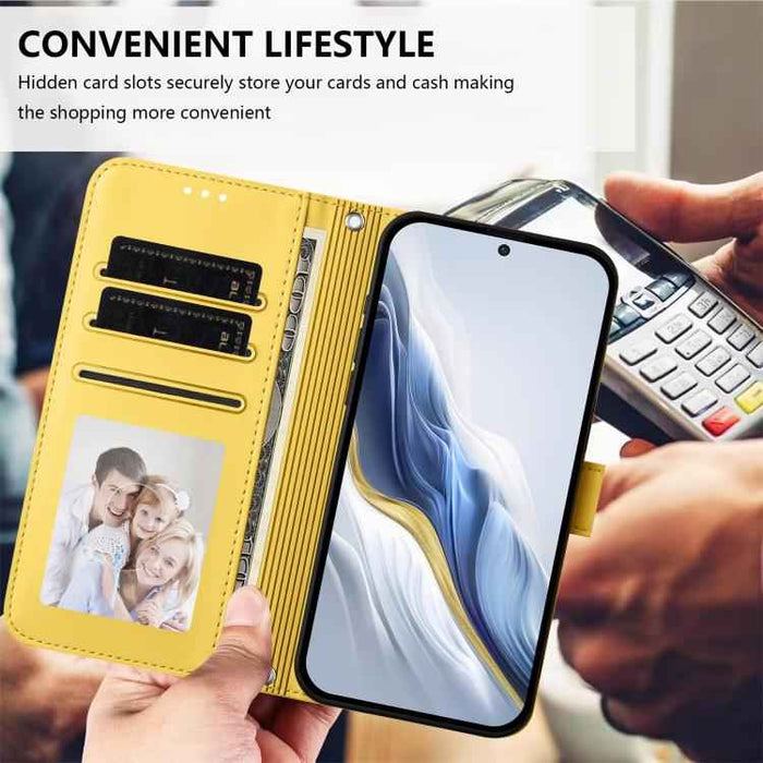 For Samsung Galaxy S25 FE 5G Embossed Heart Cat Leather Phone Case with Hand Strap(Yellow)