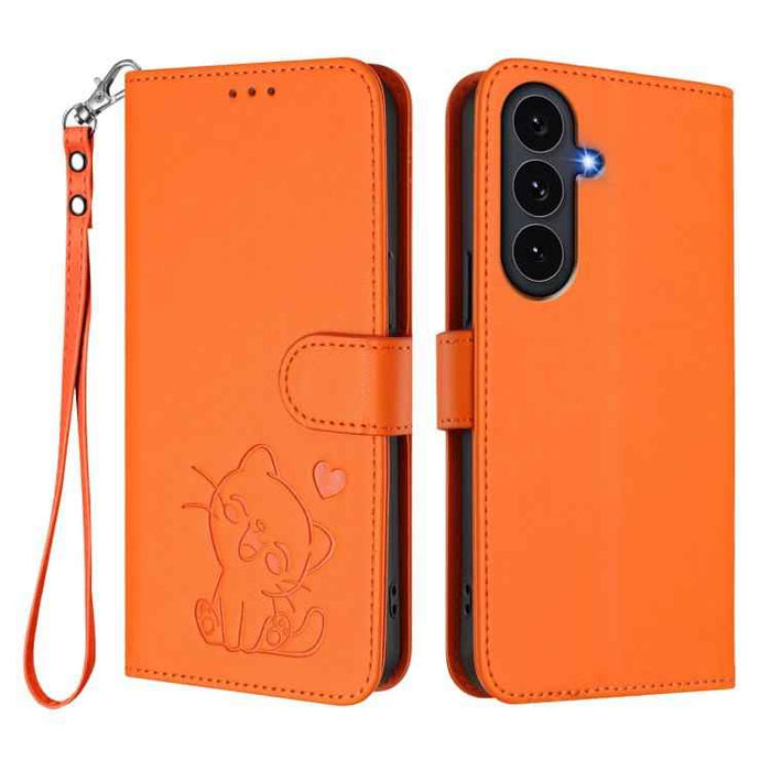 For Samsung Galaxy S25 FE 5G Embossed Heart Cat Leather Phone Case with Hand Strap(Orange)