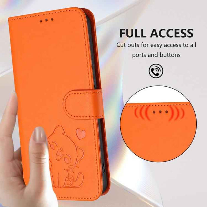 For Samsung Galaxy S25 FE 5G Embossed Heart Cat Leather Phone Case with Hand Strap(Orange)