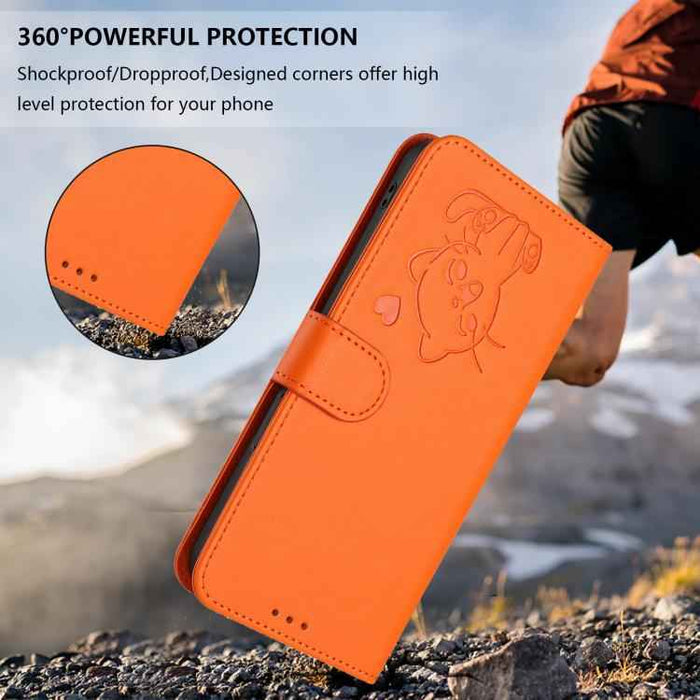 For Samsung Galaxy S25 FE 5G Embossed Heart Cat Leather Phone Case with Hand Strap(Orange)