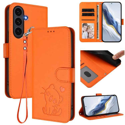 For Samsung Galaxy S25 FE 5G Embossed Heart Cat Leather Phone Case with Hand Strap(Orange)