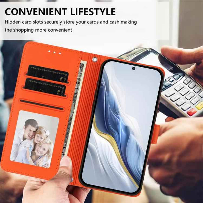 For Samsung Galaxy S25 FE 5G Embossed Heart Cat Leather Phone Case with Hand Strap(Orange)