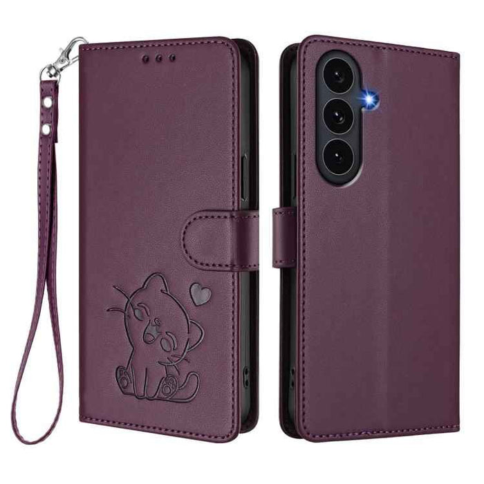 For Samsung Galaxy S25 FE 5G Embossed Heart Cat Leather Phone Case with Hand Strap(Dark Purple)