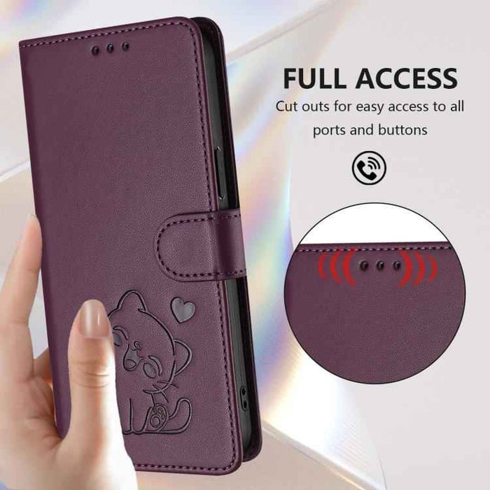 For Samsung Galaxy S25 FE 5G Embossed Heart Cat Leather Phone Case with Hand Strap(Dark Purple)