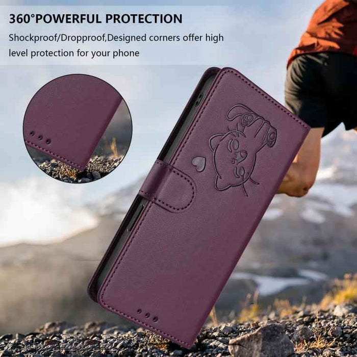 For Samsung Galaxy S25 FE 5G Embossed Heart Cat Leather Phone Case with Hand Strap(Dark Purple)