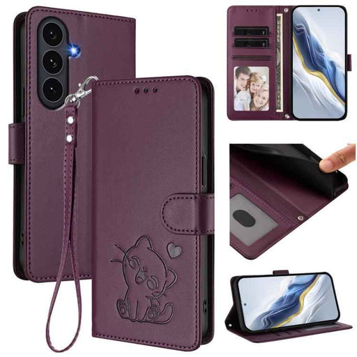 For Samsung Galaxy S25 FE 5G Embossed Heart Cat Leather Phone Case with Hand Strap(Dark Purple)