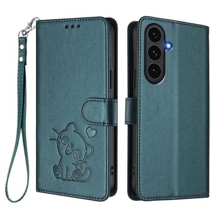 For Samsung Galaxy S25 FE 5G Embossed Heart Cat Leather Phone Case with Hand Strap(Dark Green)