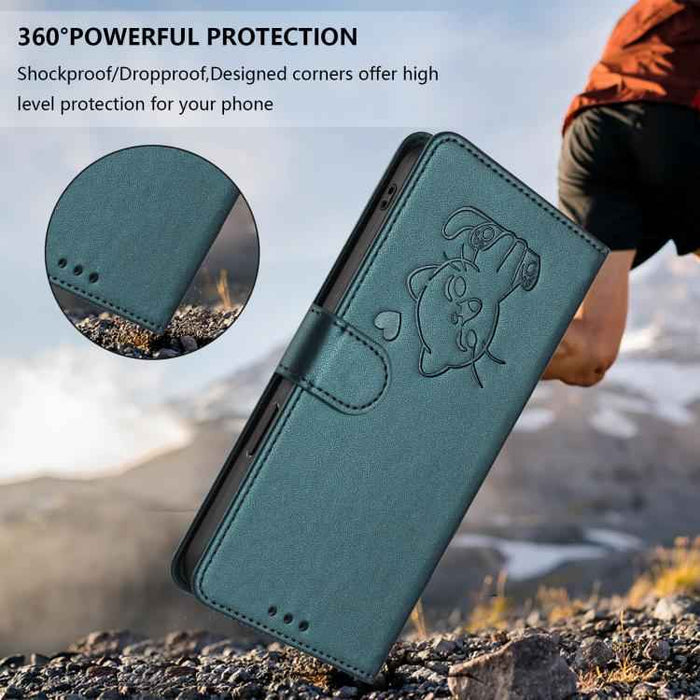 For Samsung Galaxy S25 FE 5G Embossed Heart Cat Leather Phone Case with Hand Strap(Dark Green)