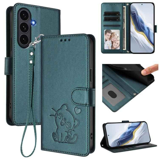 For Samsung Galaxy S25 FE 5G Embossed Heart Cat Leather Phone Case with Hand Strap(Dark Green)