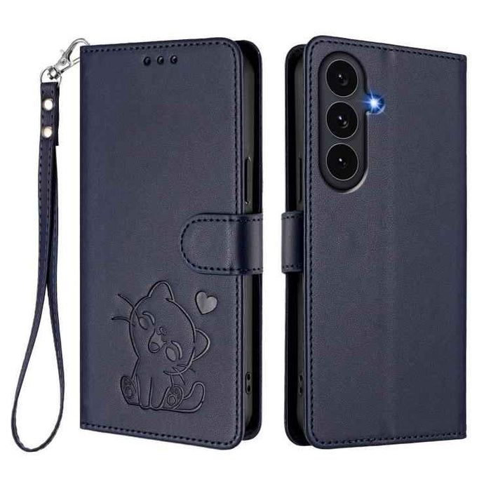 For Samsung Galaxy S25 FE 5G Embossed Heart Cat Leather Phone Case with Hand Strap(Blue)
