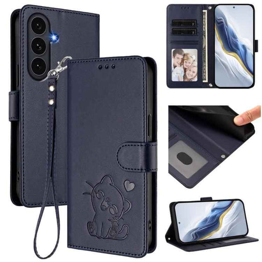 For Samsung Galaxy S25 FE 5G Embossed Heart Cat Leather Phone Case with Hand Strap(Blue)