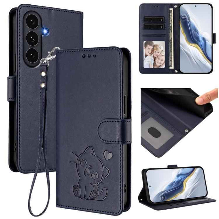 For Samsung Galaxy S25 FE 5G Embossed Heart Cat Leather Phone Case with Hand Strap(Blue)