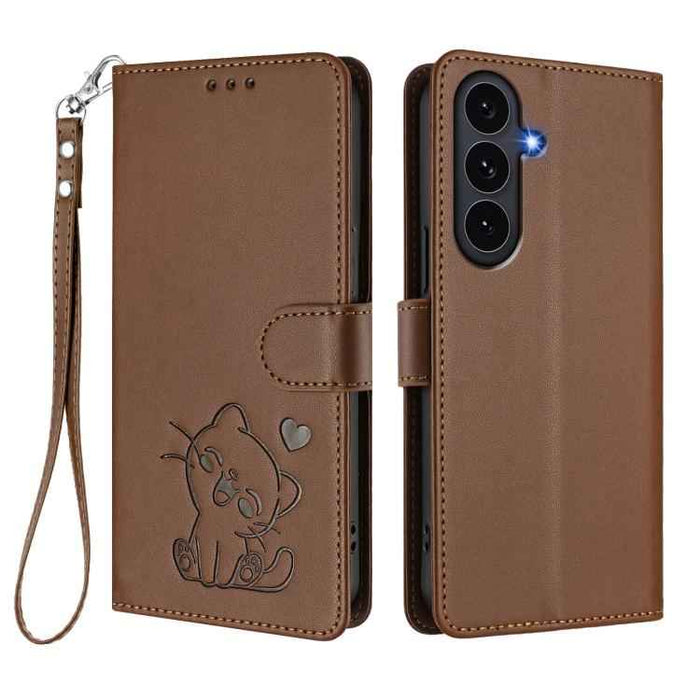 For Samsung Galaxy S25 FE 5G Embossed Heart Cat Leather Phone Case with Hand Strap(Brown)