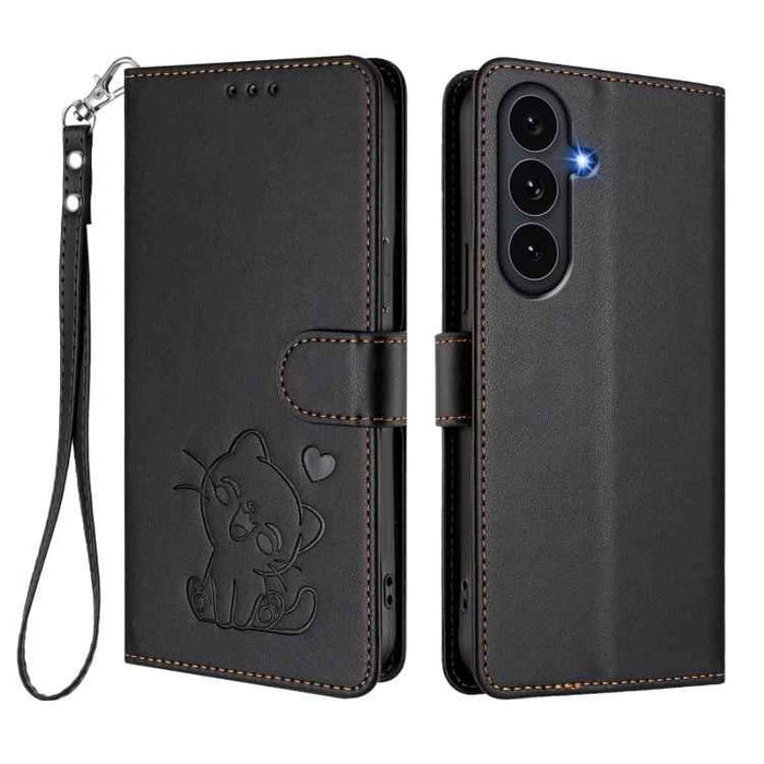 For Samsung Galaxy S25 FE 5G Embossed Heart Cat Leather Phone Case with Hand Strap(Black)