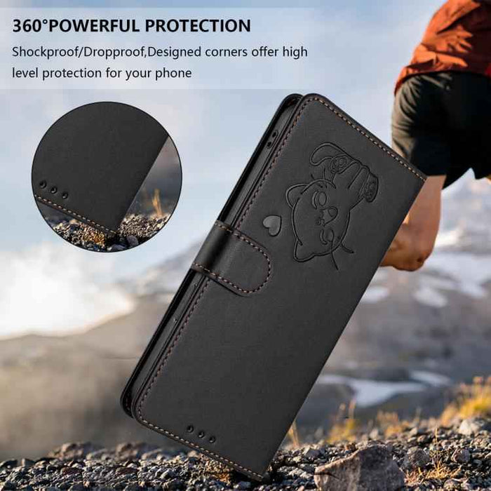 For Samsung Galaxy S25 FE 5G Embossed Heart Cat Leather Phone Case with Hand Strap(Black)