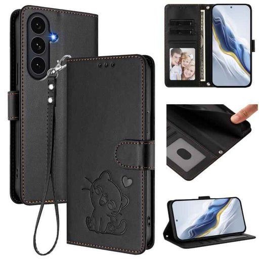 For Samsung Galaxy S25 FE 5G Embossed Heart Cat Leather Phone Case with Hand Strap(Black)