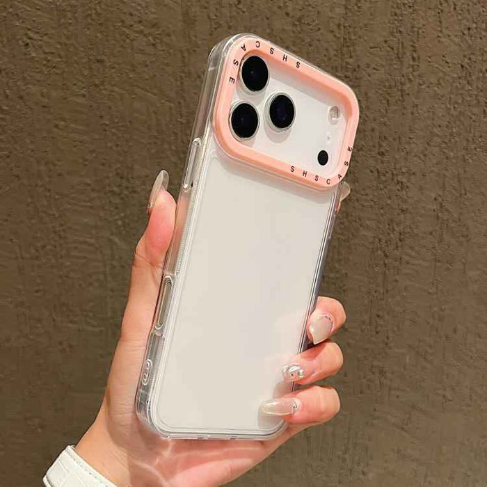 For iPhone 17 Pro Max Color Contrast Lens Frame Transparent TPU Phone Case(Transparent+Light Pink)