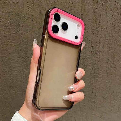 For iPhone 17 Pro Color Contrast Lens Frame Transparent TPU Phone Case(Black+Rose Red)