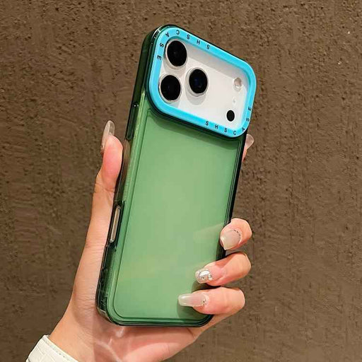 For iPhone 17 Pro Color Contrast Lens Frame Transparent TPU Phone Case(Green+Sky Blue)