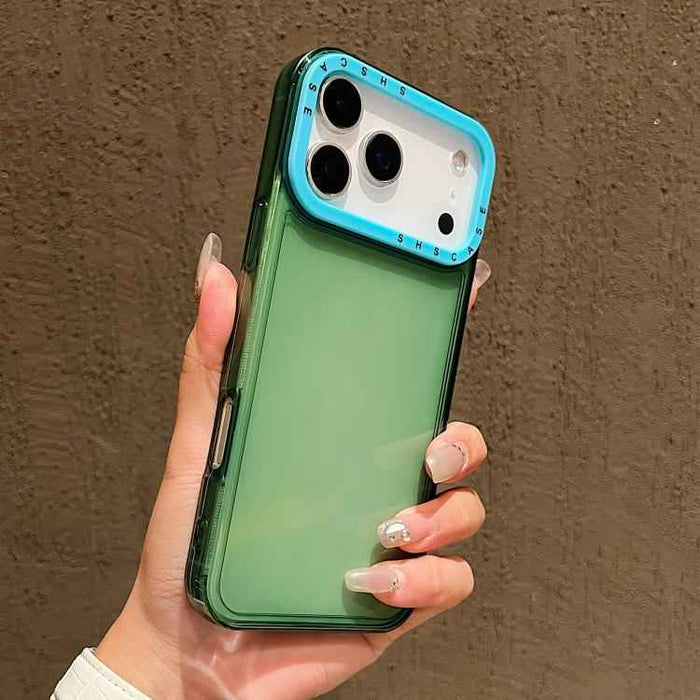 For iPhone 17 Pro Color Contrast Lens Frame Transparent TPU Phone Case(Green+Sky Blue)