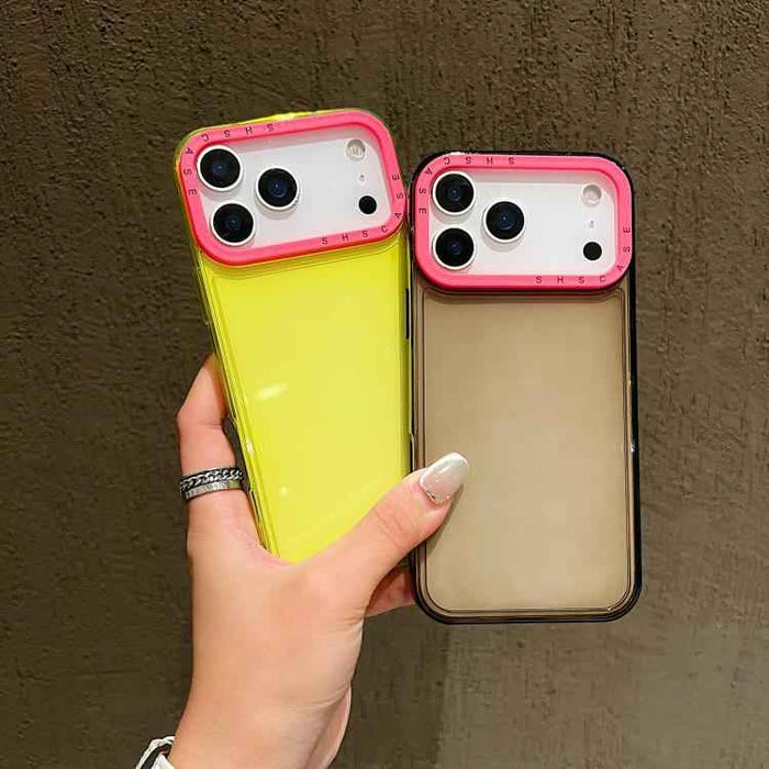 For iPhone 17 Pro Color Contrast Lens Frame Transparent TPU Phone Case(Purple+Green)