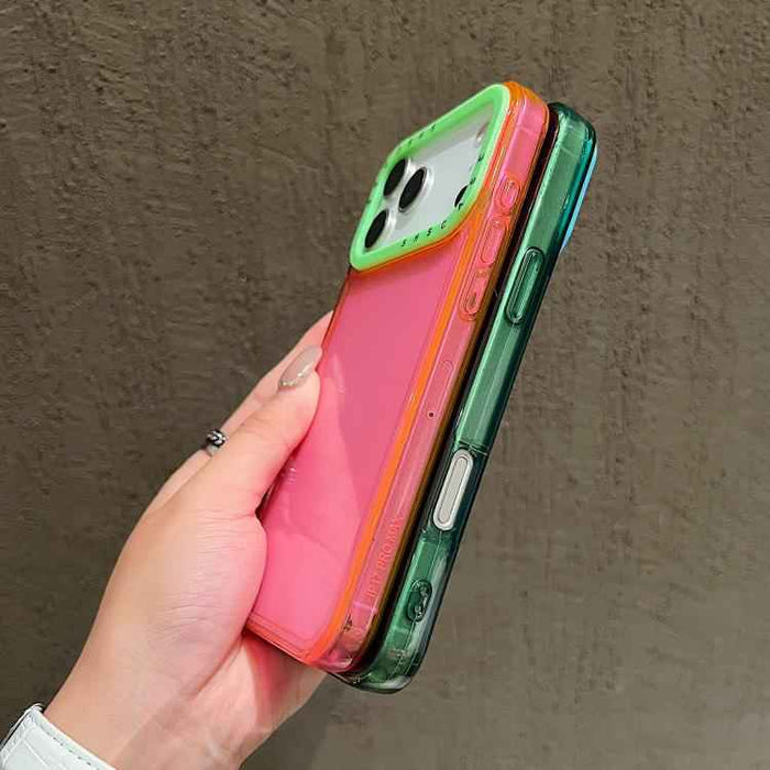 For iPhone 17 Pro Color Contrast Lens Frame Transparent TPU Phone Case(Purple+Green)