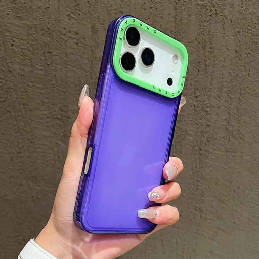 For iPhone 17 Pro Color Contrast Lens Frame Transparent TPU Phone Case(Purple+Green)