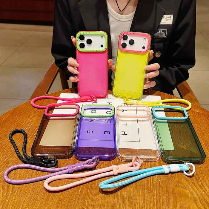 For iPhone 17 Pro Max Color Contrast Lens Frame Transparent TPU Phone Case with Lanyard(Purple+Green)