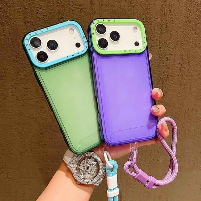 For iPhone 17 Pro Max Color Contrast Lens Frame Transparent TPU Phone Case with Lanyard(Purple+Green)