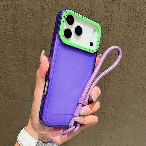 For iPhone 17 Pro Max Color Contrast Lens Frame Transparent TPU Phone Case with Lanyard(Purple+Green)