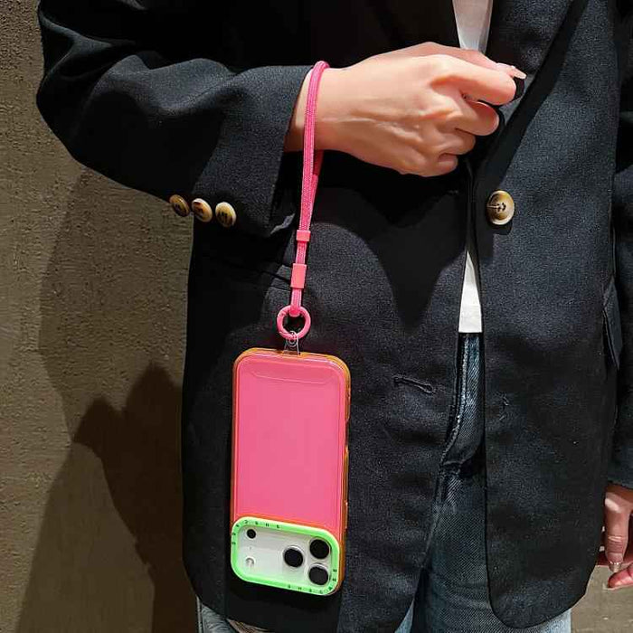 For iPhone 17 Pro Max Color Contrast Lens Frame Transparent TPU Phone Case with Lanyard(Purple+Green)