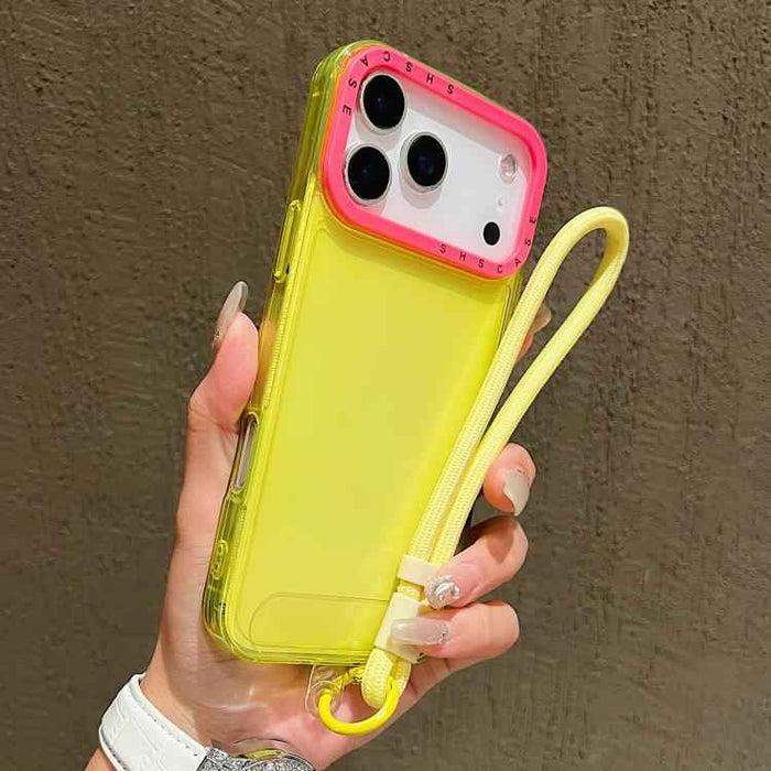 For iPhone 17 Pro Color Contrast Lens Frame Transparent TPU Phone Case with Lanyard(Yellow+Rose Red)